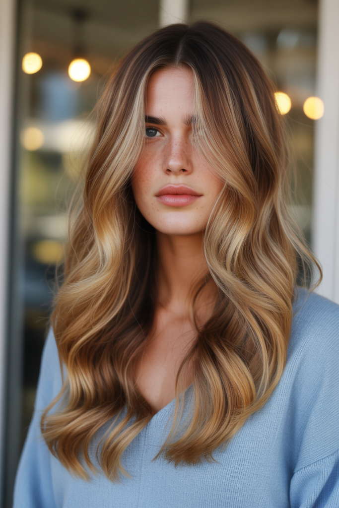  Golden Blonde Balayage with Caramel Tips