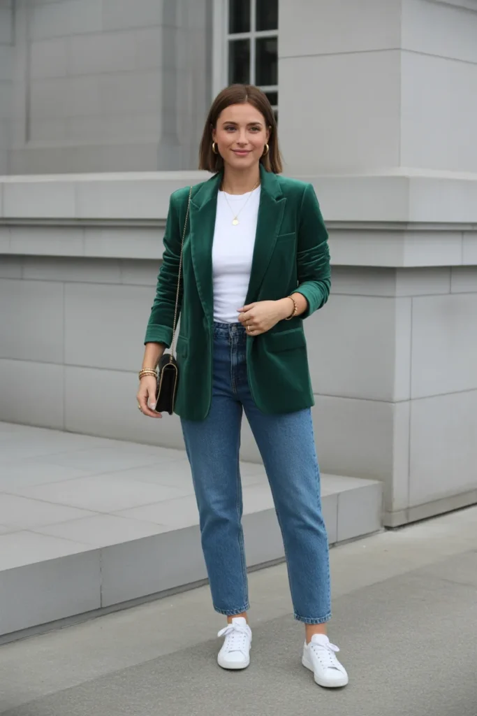 Green Velvet Blazer with Jeans