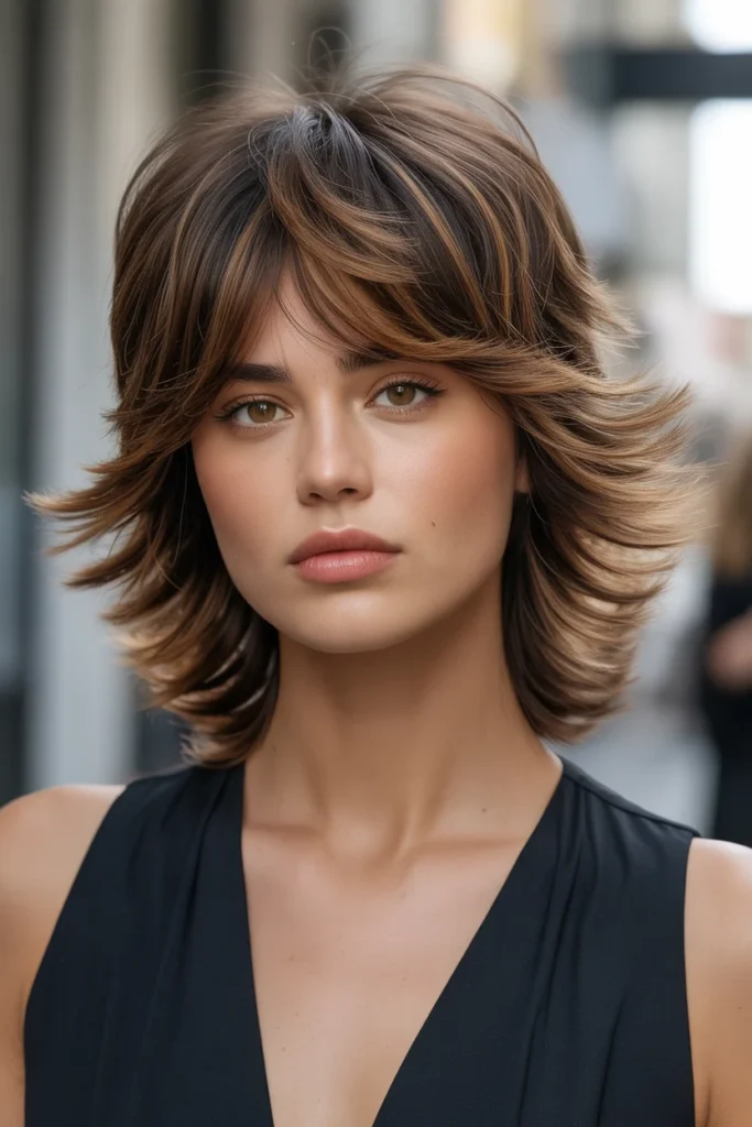 Layered Shag with Bottleneck Bangs