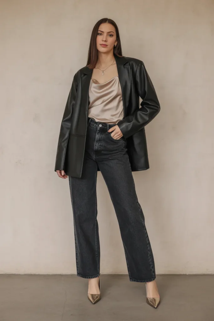 Leather Blazer with Satin Cami and Jeans