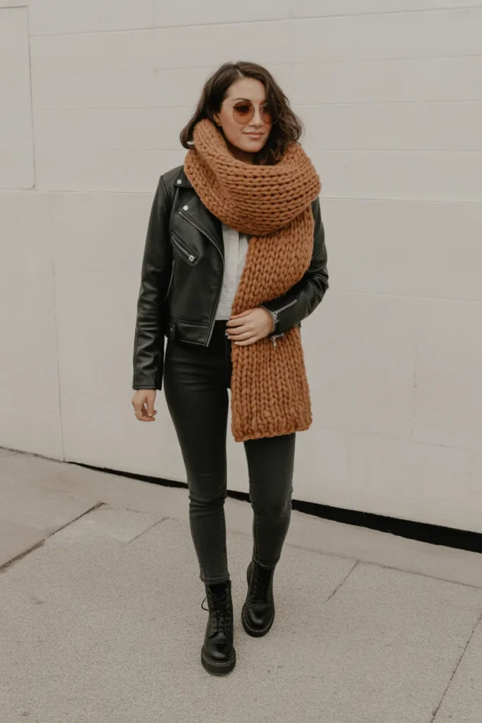 Leather Jacket with Chunky Scarf