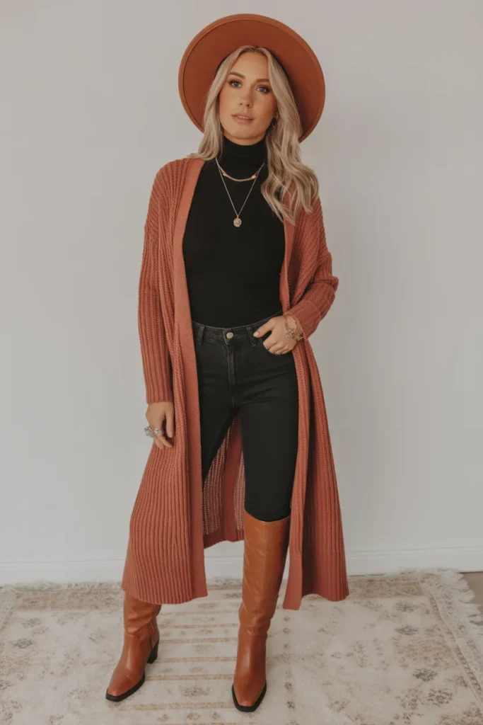 Long Cardigan with Boots and Hat