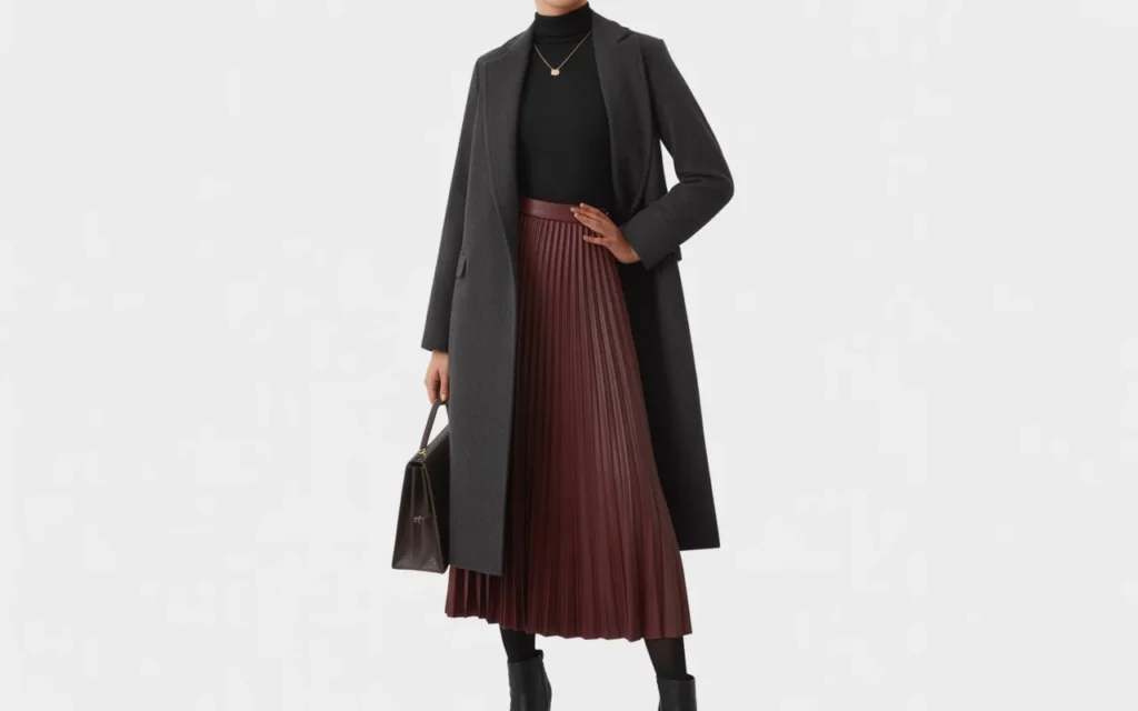 Trendy Outfit .Long Wool Coat with Midi Skirt
