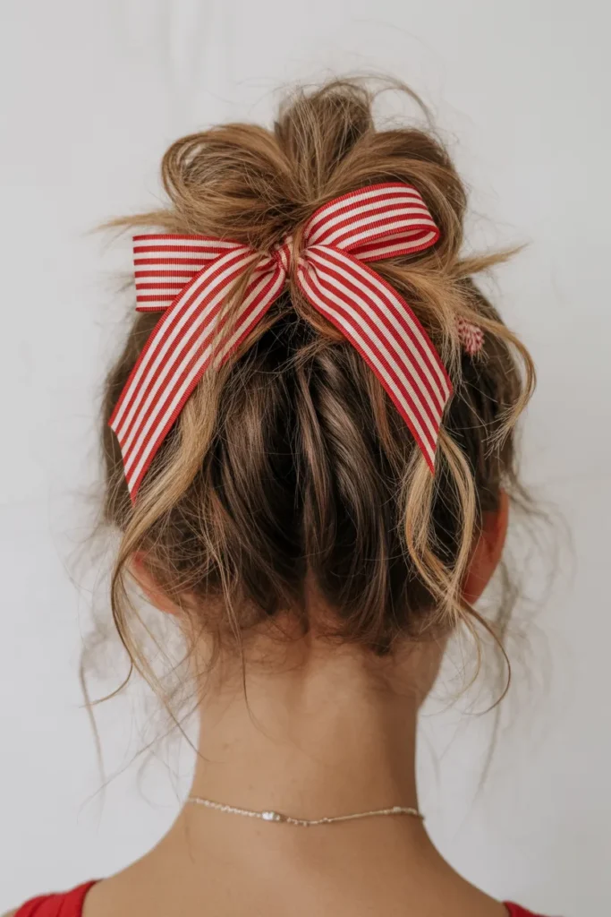 Messy Bun with Candy Cane Striped Ribbon