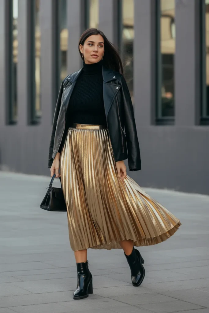 Metallic Midi Skirt with Black Turtleneck