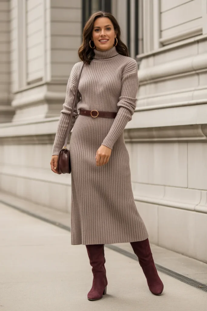Midi Sweater Dress with Knee-High Boots