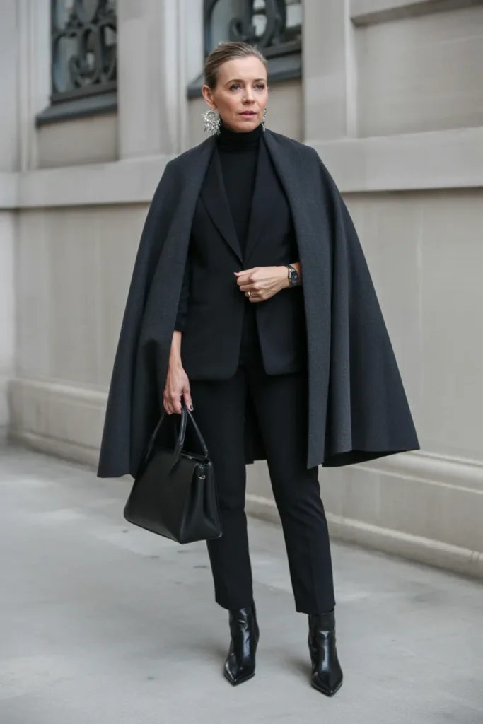 Modern Cape Coat with Sleek Black Ensemble
