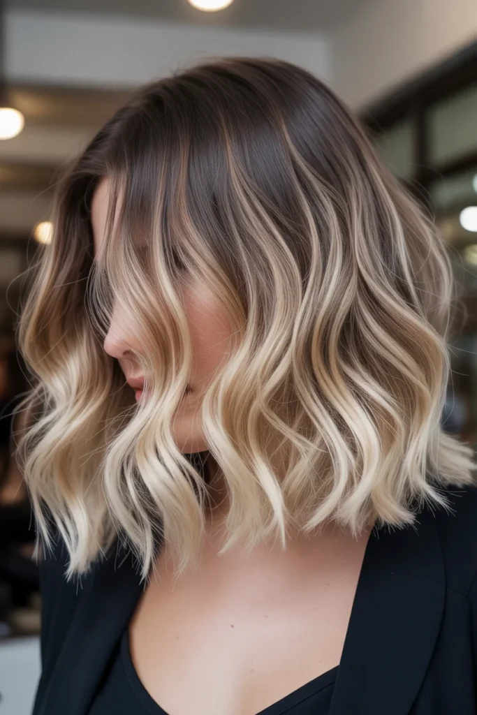 Ombre Wavy Lob with Dark Roots
