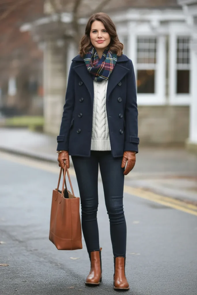 Peacoat Over a Cable Knit Sweater