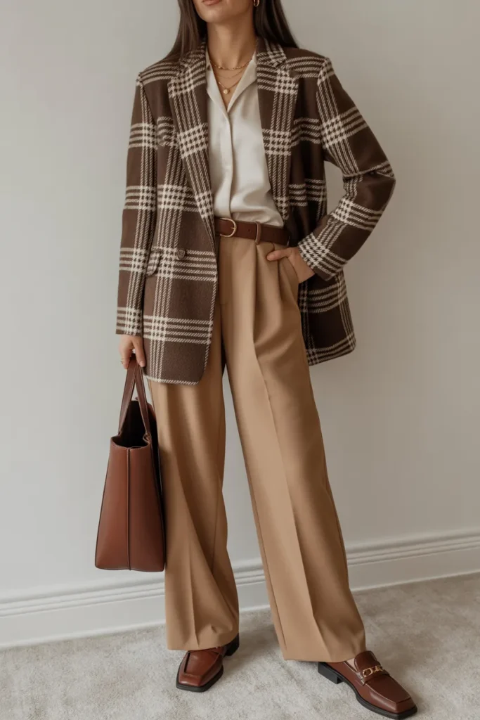Plaid Blazer with Wide-Leg Trousers