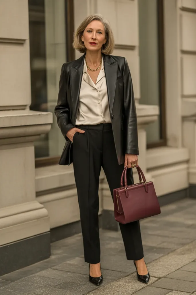 Polished Leather Blazer with Silk Blouse