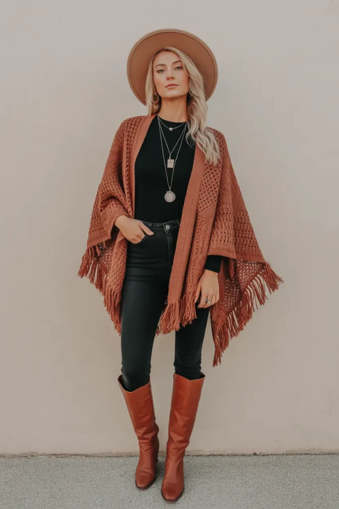 Poncho Over a Long-Sleeve Top