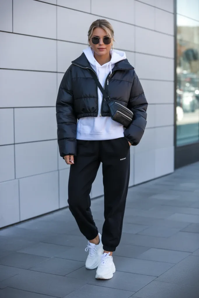 Puffer Jacket with Joggers and Sneakers
