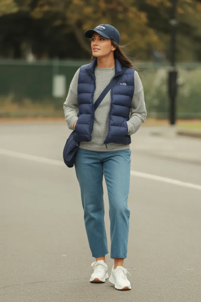 Puffer Vest Over a Long-Sleeve Tee