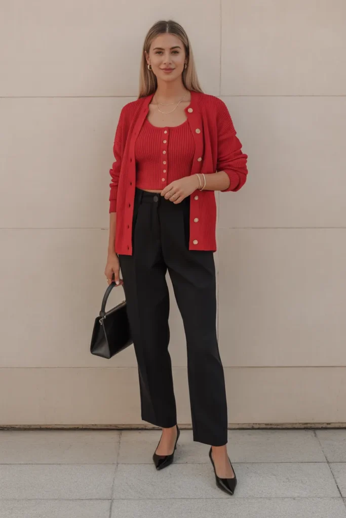 Red Cardigan Set with Gold Buttons