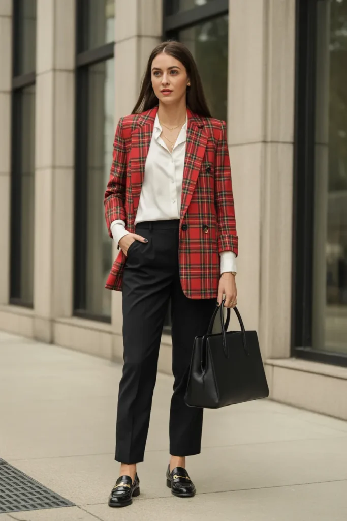 Red Plaid Blazer with White Blouse