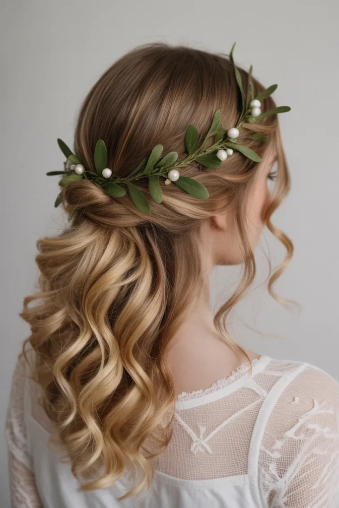 Romantic Half-Up Style with Mistletoe Hair Vine