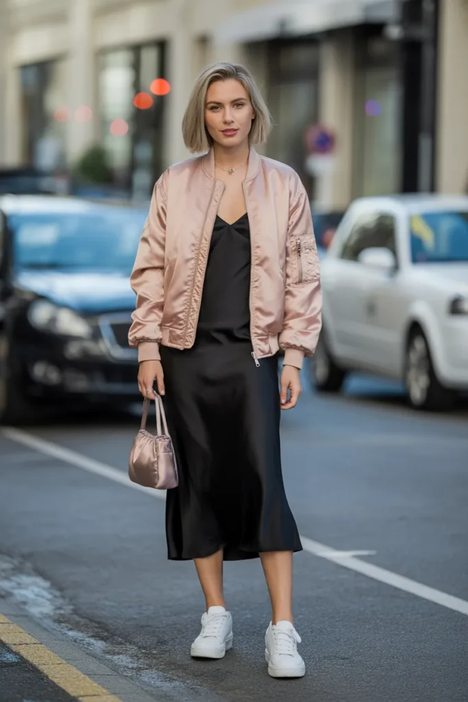 Satin Bomber Jacket with Slip Dress