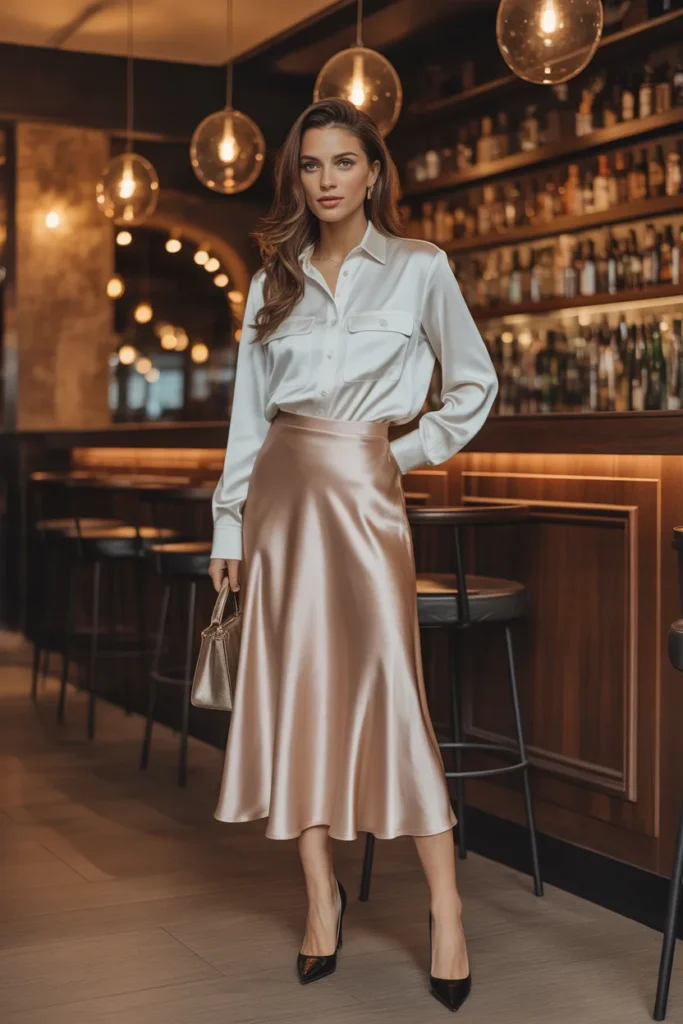Satin Midi Skirt with Tucked-In Blouse
