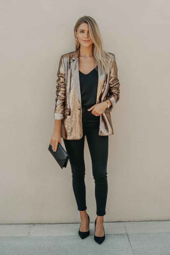 Sequin Blazer with Black Skinny Jeans