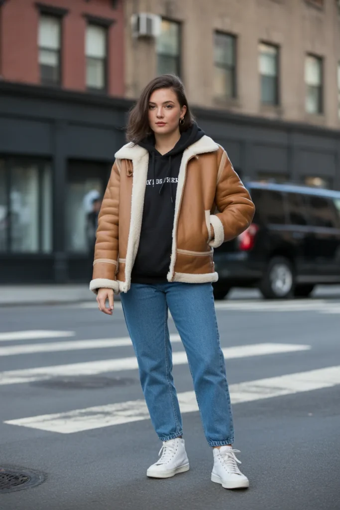  Shearling Jacket and Straight Jeans Cool