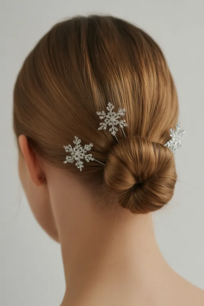 Sleek Low Bun with Crystal Snowflake Pins