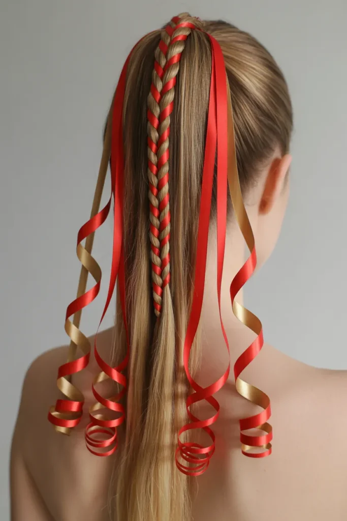 Sleek Ponytail with Cascading Ribbon Curls