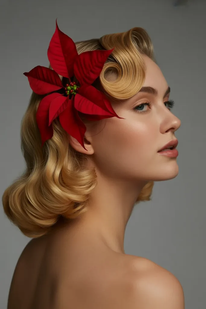 Soft Finger Waves with Poinsettia Hair Flower