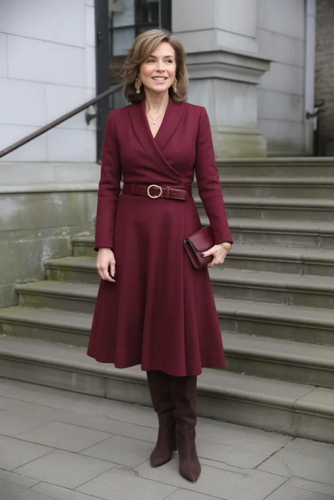 Sophisticated Burgundy Wrap Dress with Knee Boots