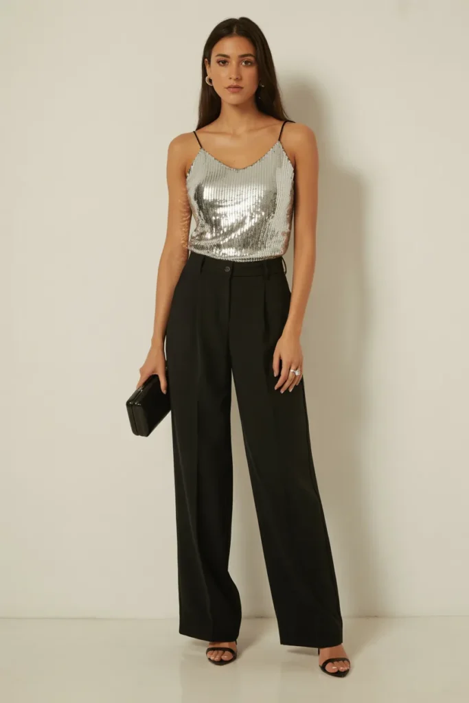Sparkly Top with High-Waisted Trousers