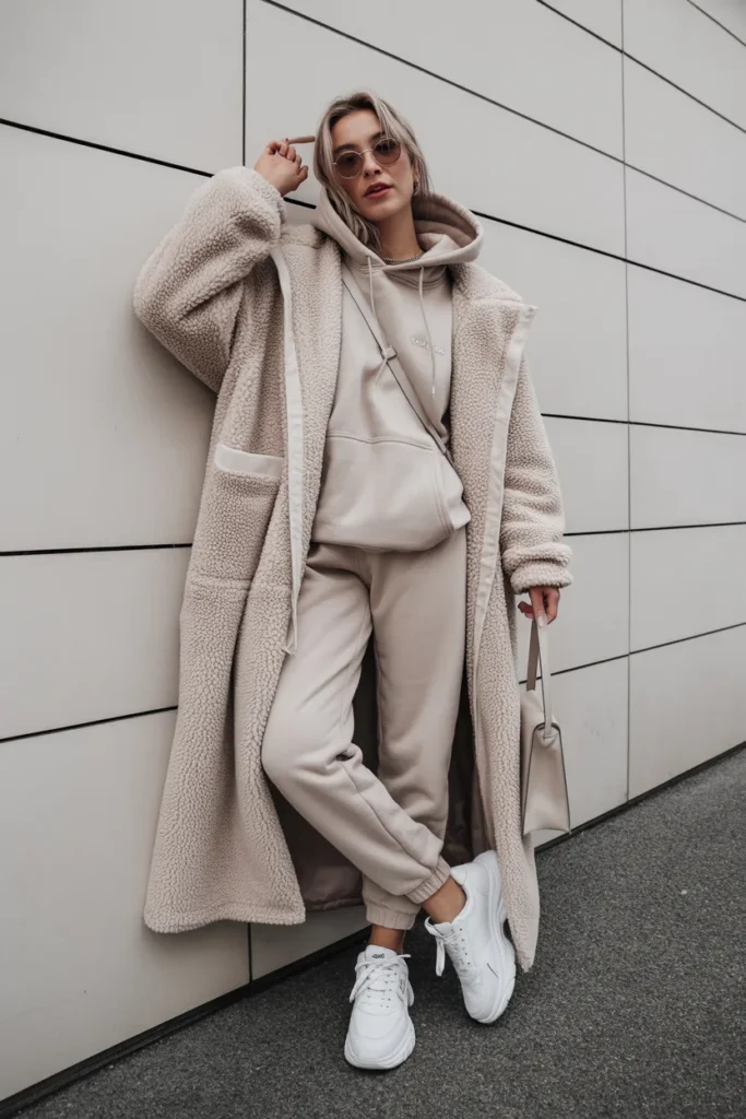 Teddy Coat Over a Hoodie and Joggers