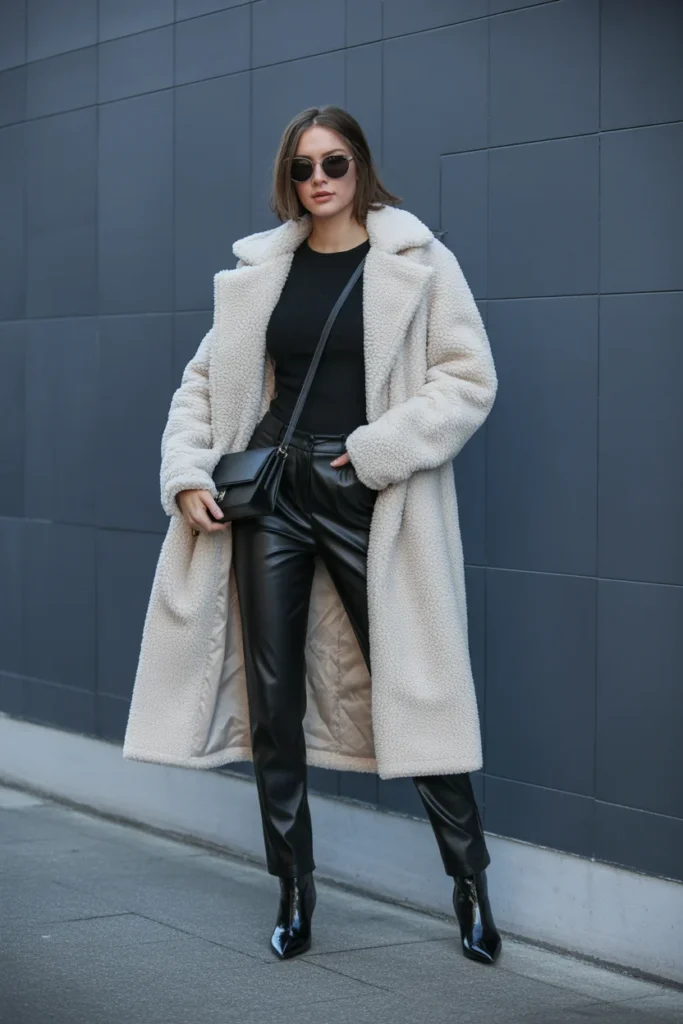 Teddy Coat with Leather Pants