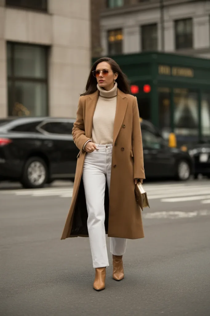 The Camel Coat and White Jeans Classic