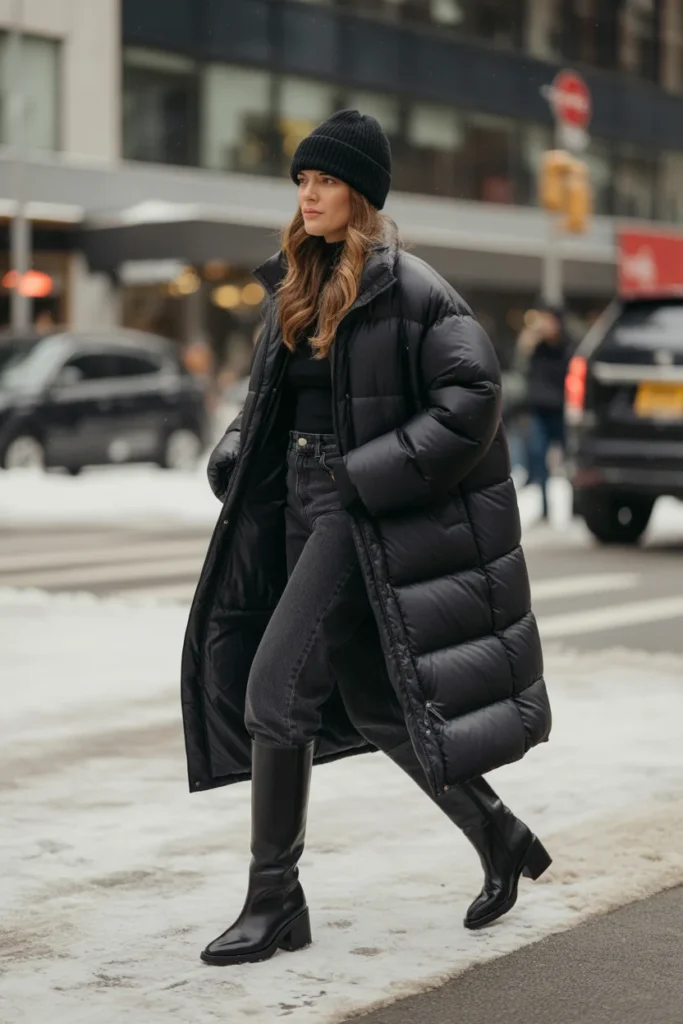 The Classic Long Puffer Coat with Leather Boots