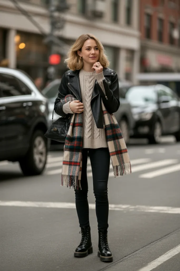 The Leather Jacket and Chunky Scarf Combo