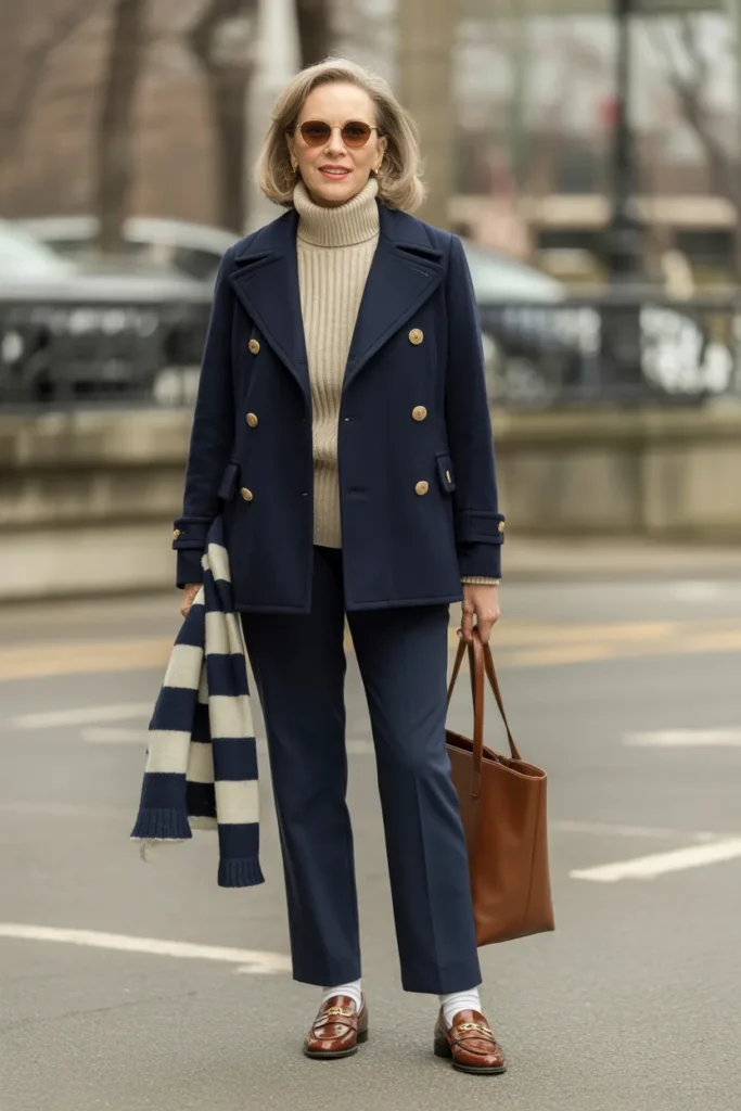 Timeless Navy Blue Peacoat and Cream Turtleneck