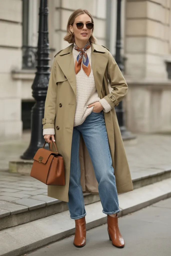 Trench Coat Over a Sweater and Jeans