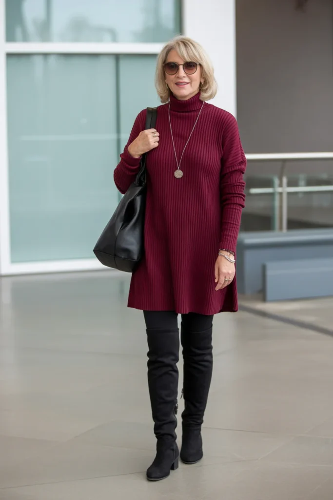 Turtleneck Tunic with Leggings and Long Boots