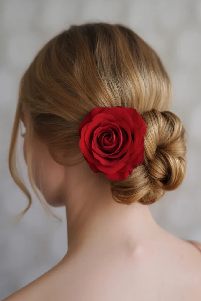  Twisted Side Chignon with Red Rose Accent