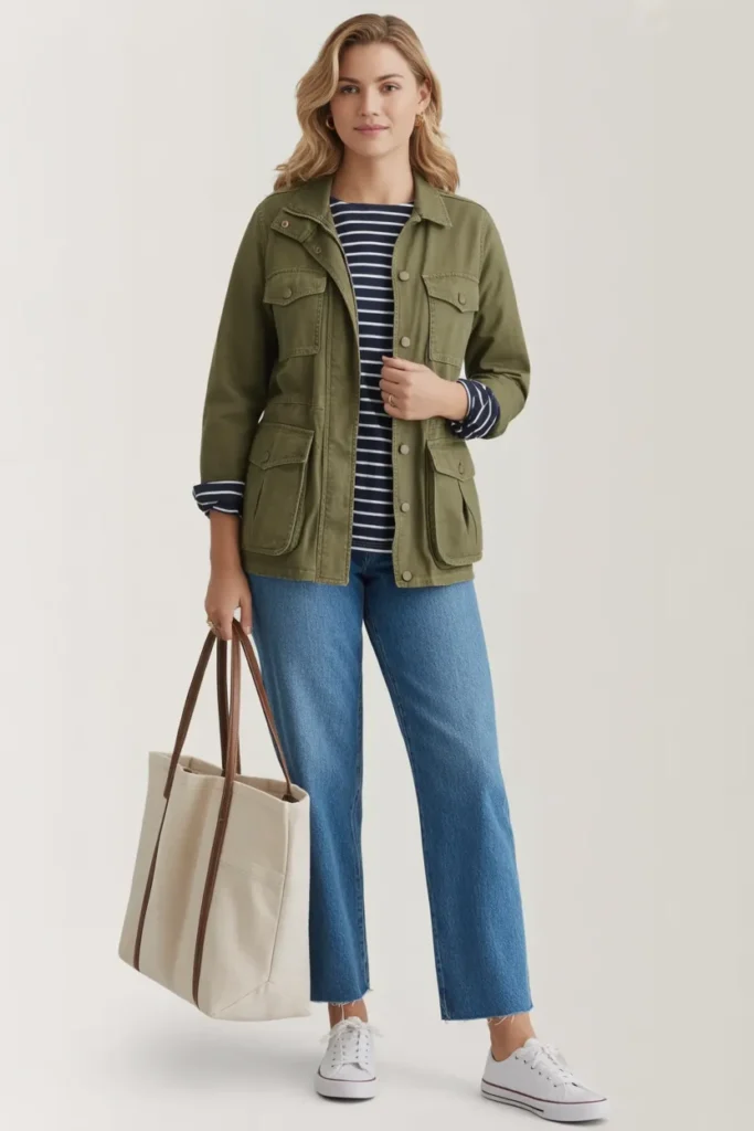 Utility Jacket Over a Striped Shirt