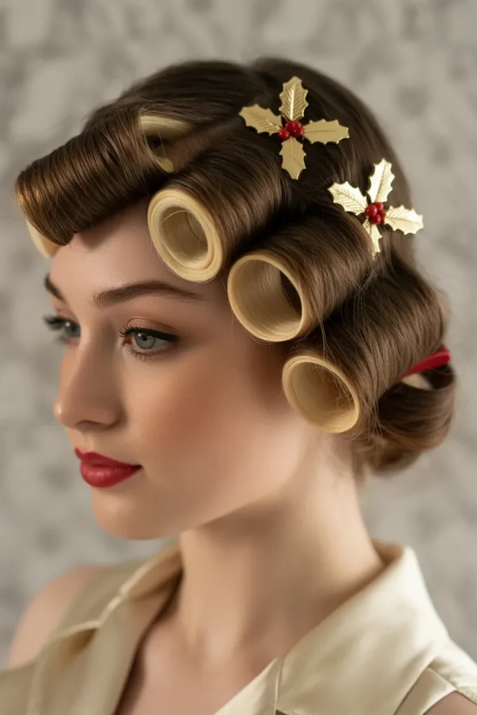  Vintage Pin Curls with Holly Leaf Hair Clips