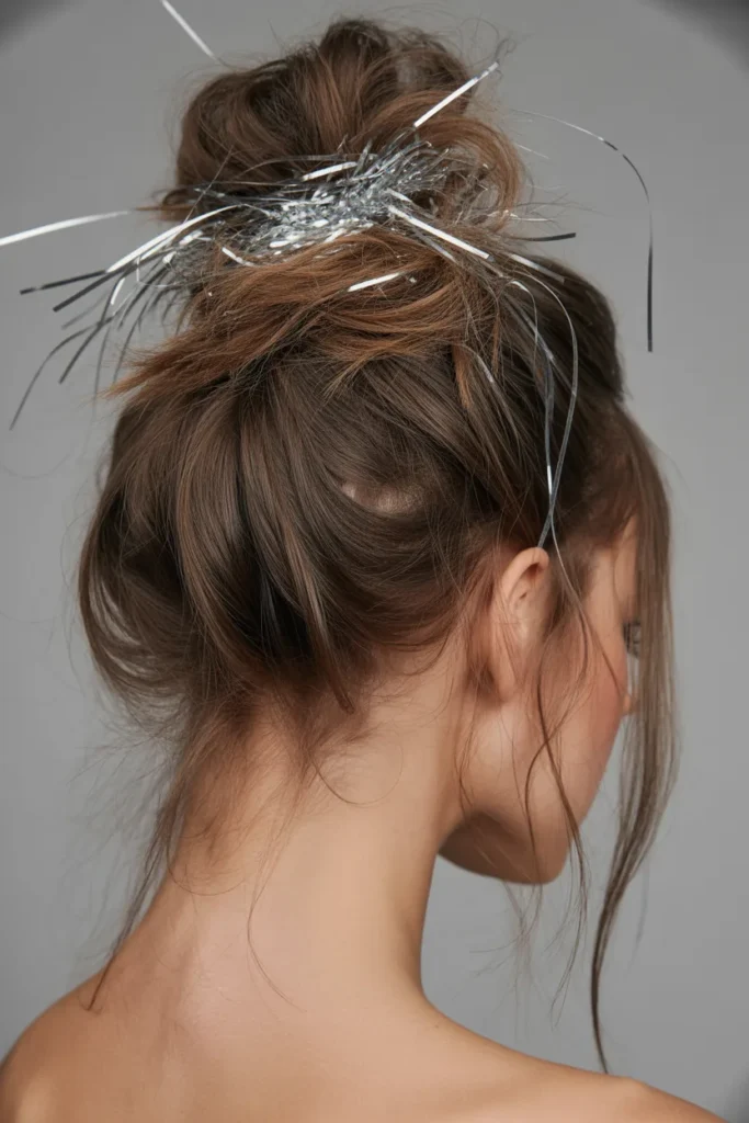 Voluminous Top Knot with Silver Tinsel Strands
